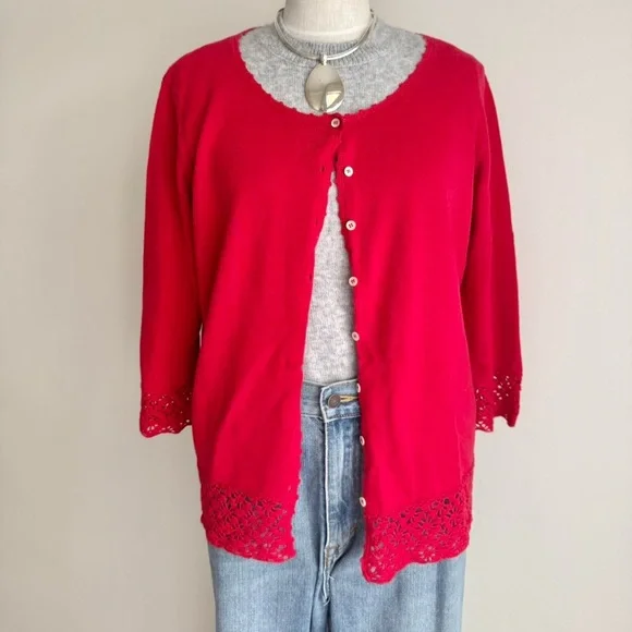 Cherry Red Crochet Cardigan Short Sleeve XL - Picture 1 of 6